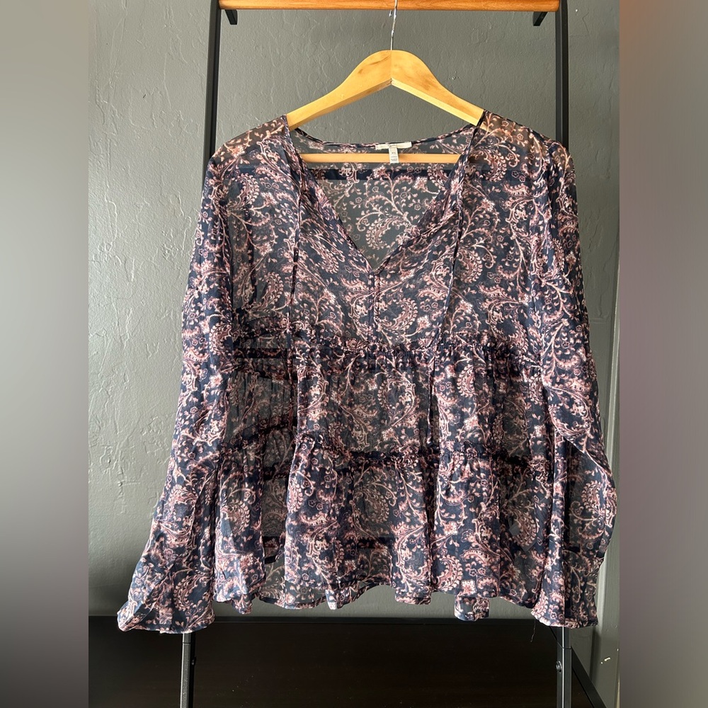 Joie 100% silk sheer navy blouse with pink floral pattern